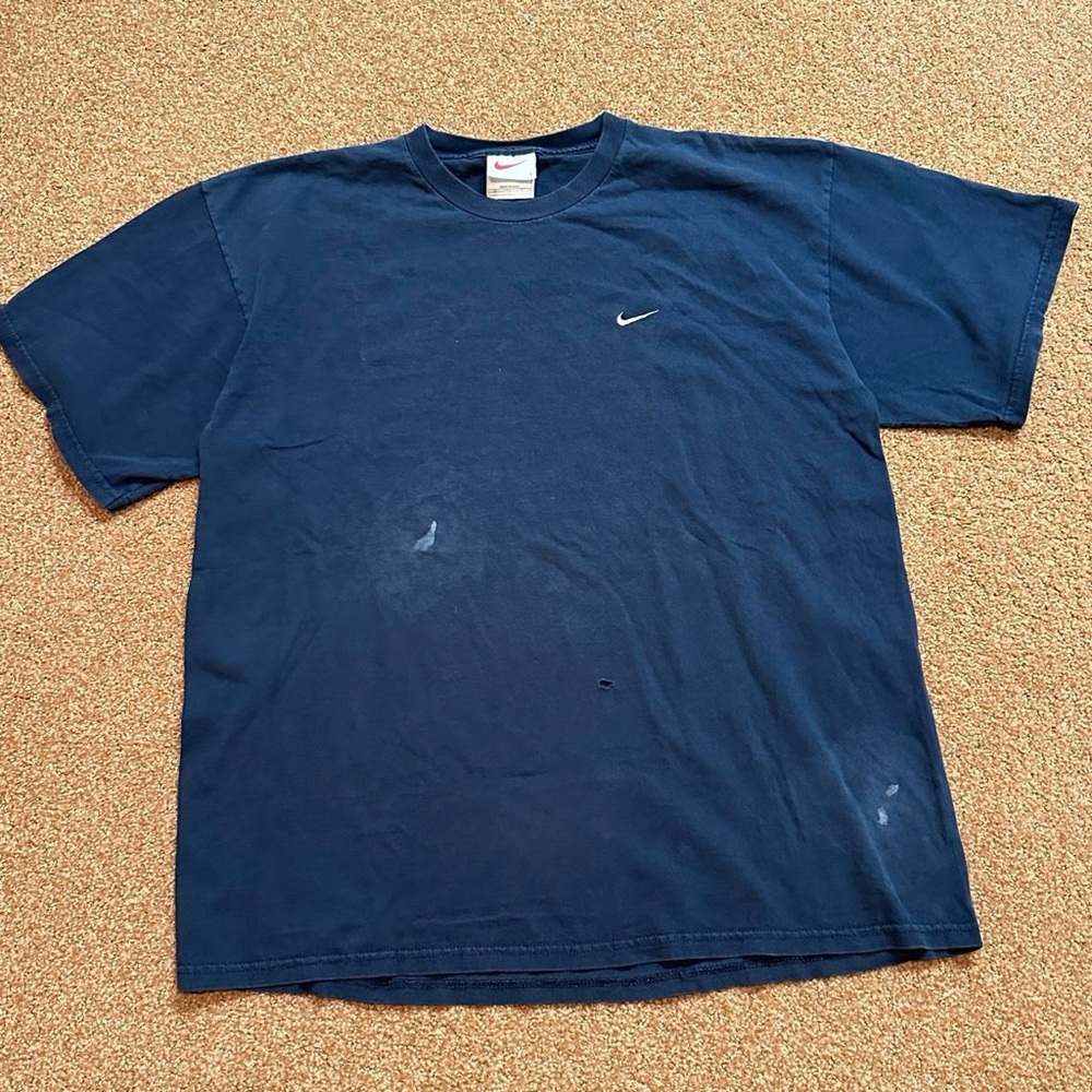 Vintage 90s Nike Essential T Shirt Small Swoosh Navy Blue Made in USA Has stains